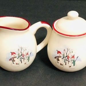 NEW Royal Season Christmas Snowman Stoneware Creamer and Sugar Bowl